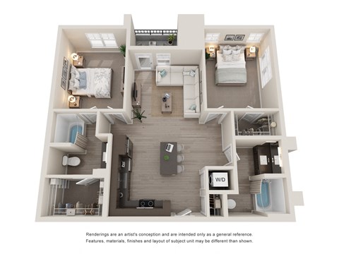 a stylized floor plan with a bedroom and a living room